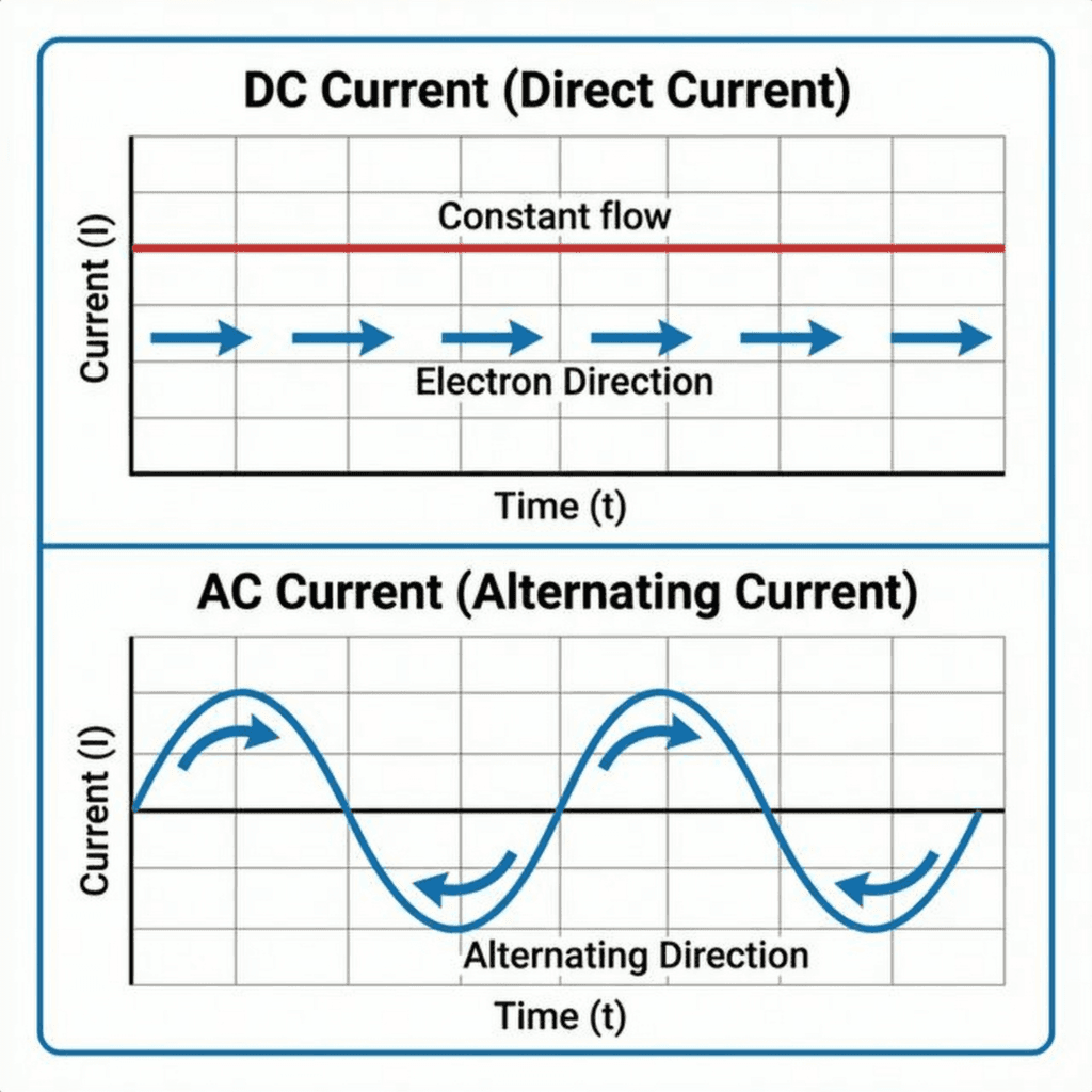 Graph comparing steady DC flow vs oscillating AC sine wave flow