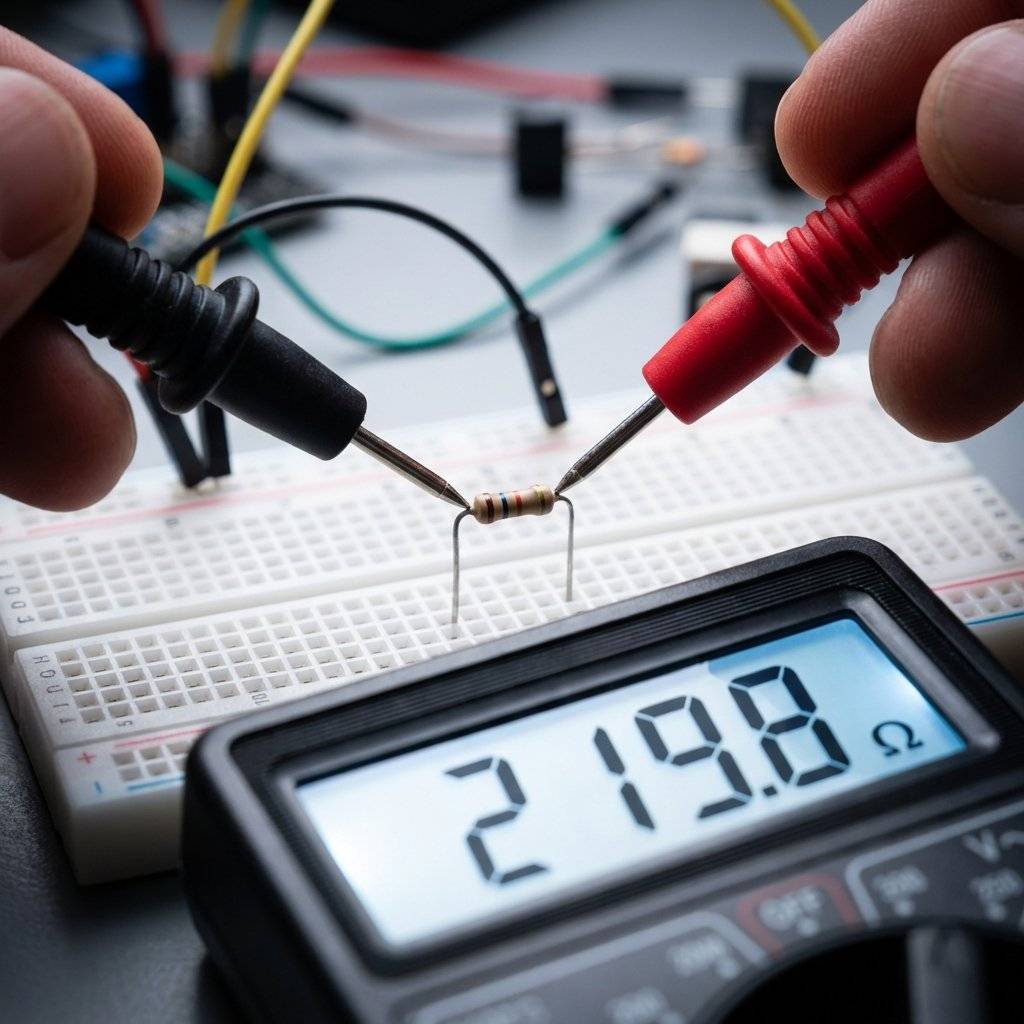 A multimeter measuring a resistor on a breadboard