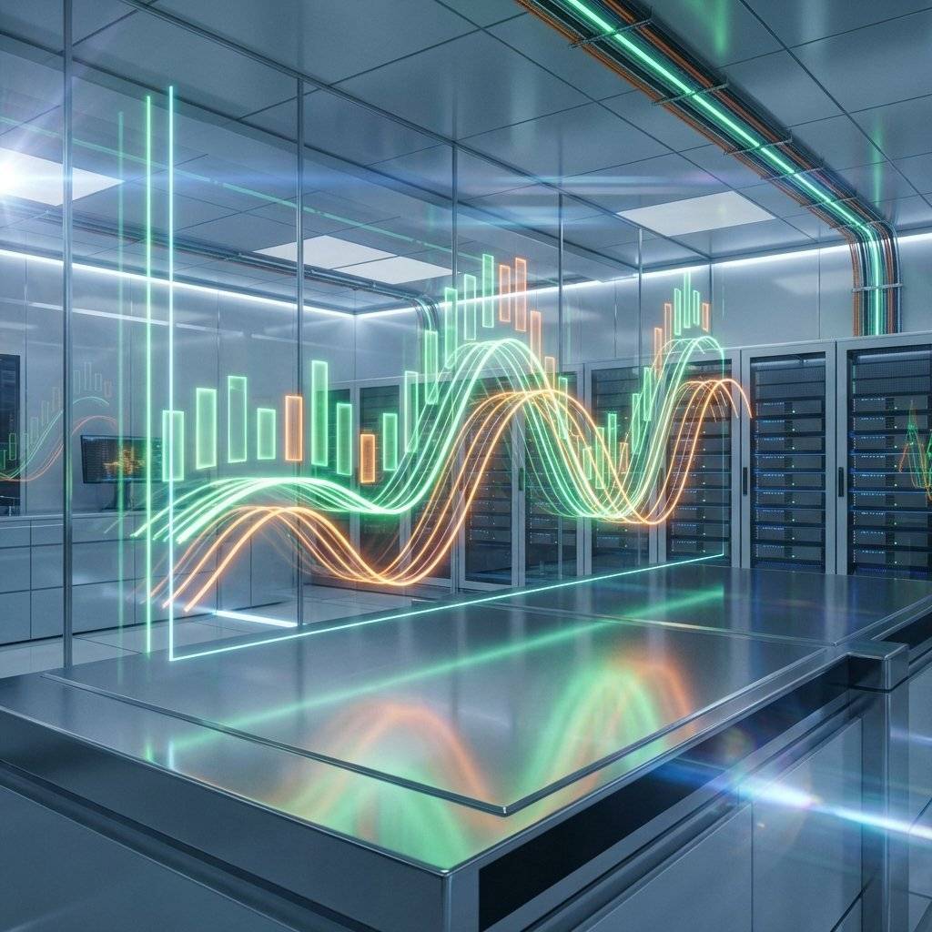 A 3D visualization of performance graphs and benchmarks from a datasheet