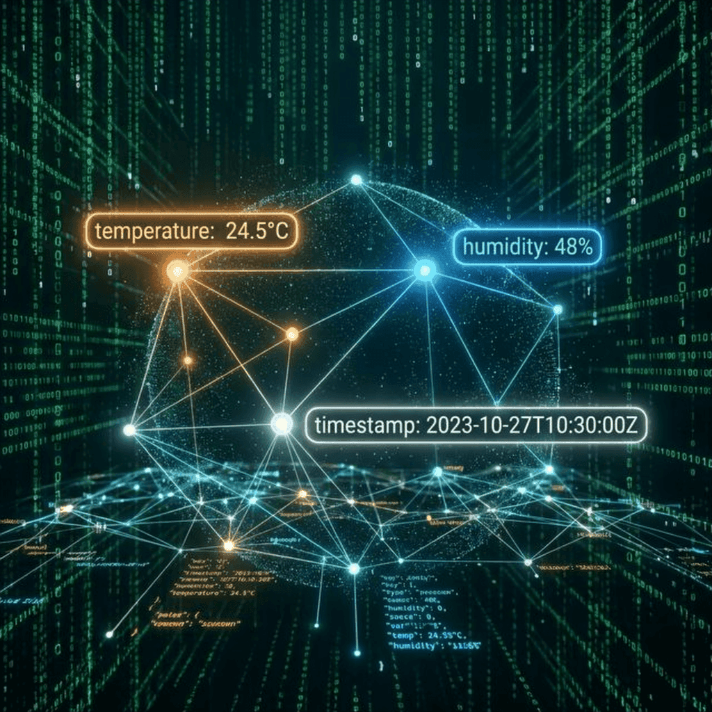 Visualization of a JSON data payload floating in a digital space
