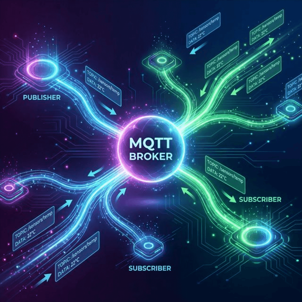Conceptual visualization of MQTT messaging protocol showing Publisher and Subscriber nodes