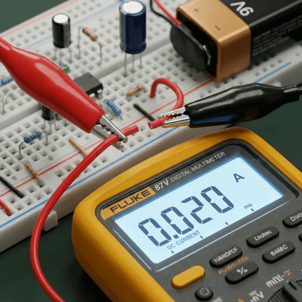 Digital multimeter connected in series to measure current
