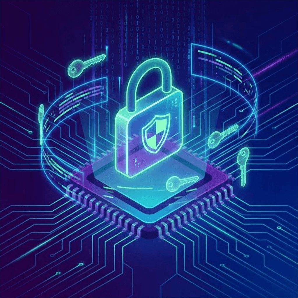 Symbolic representation of IoT security with a digital padlock protecting a microchip