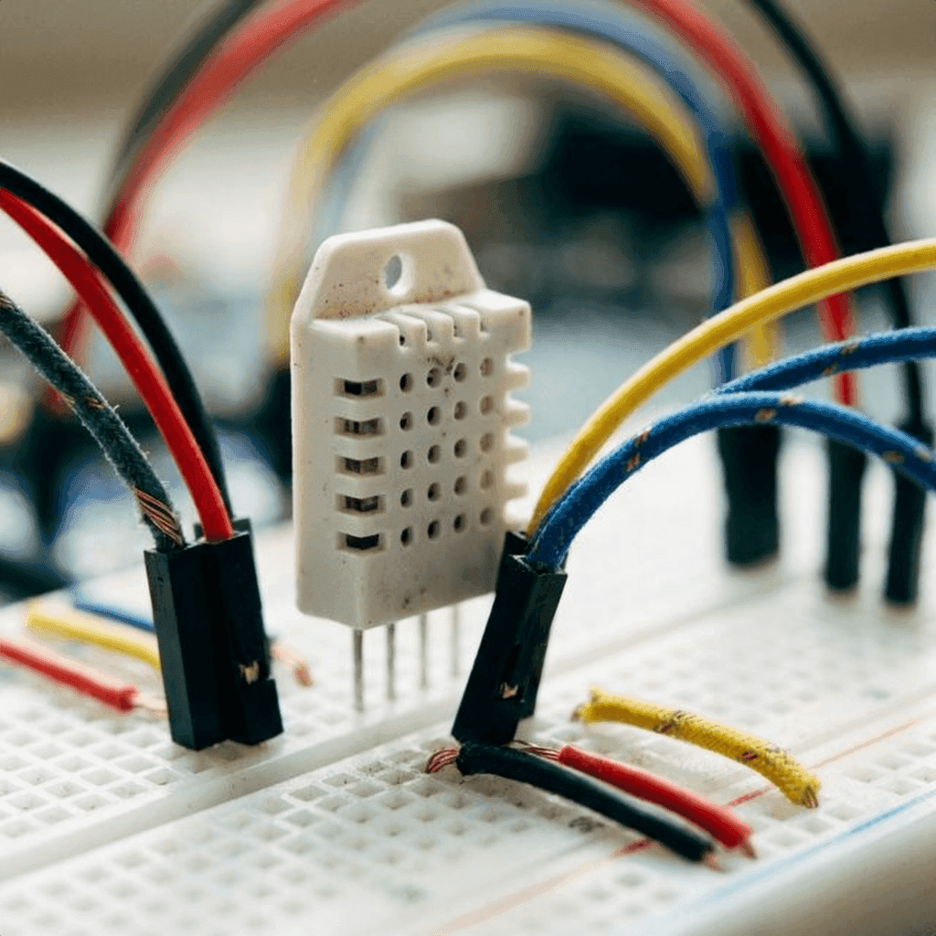 Realistic close-up of a DHT22 temperature sensor wired to a breadboard