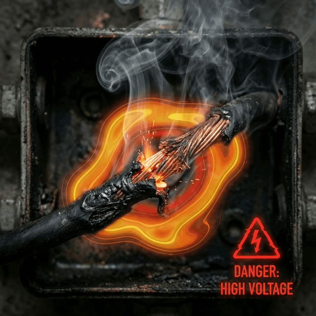 Visualization of a short circuit causing wires to glow red hot