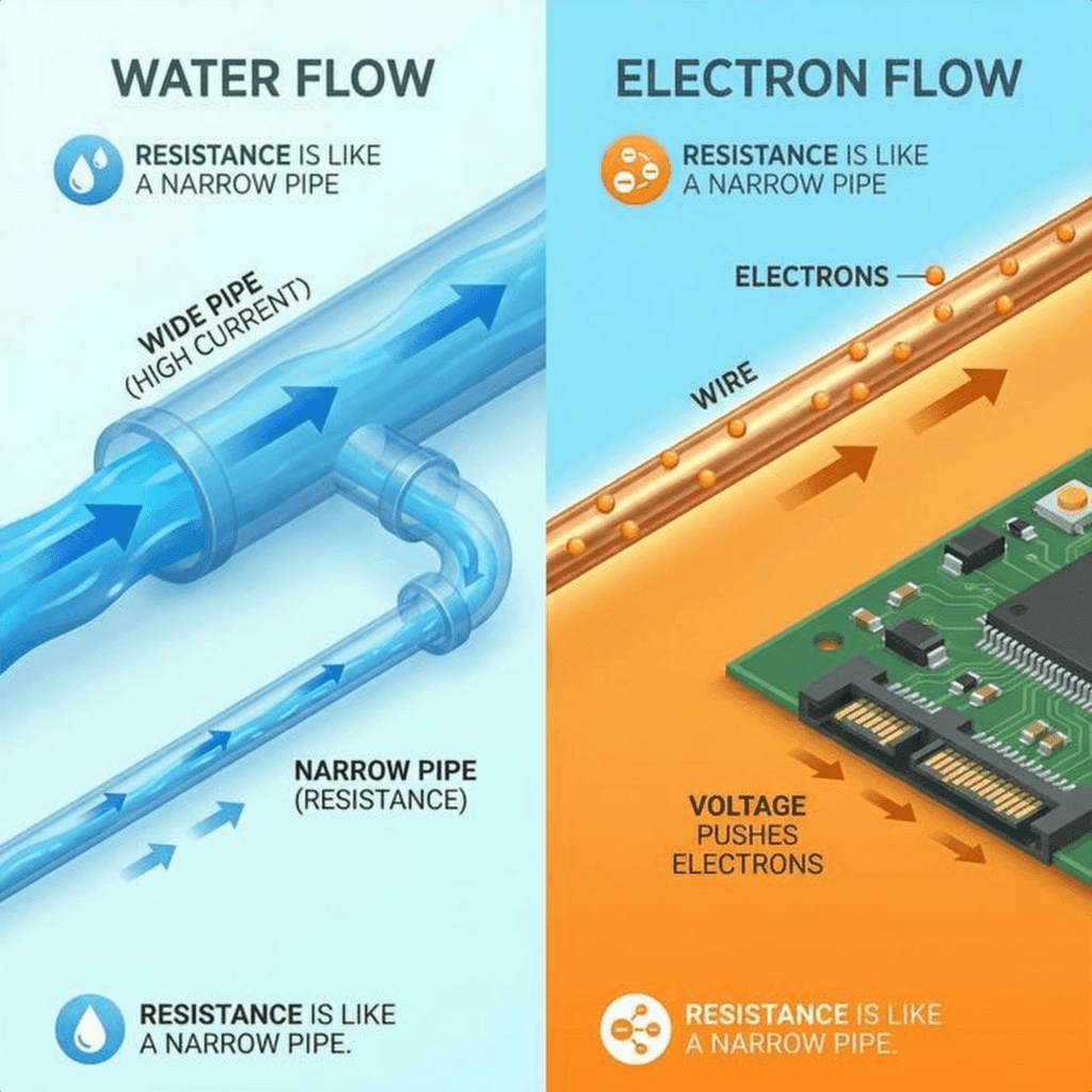 Detailed water pipe analogy showing flow rate vs pressure