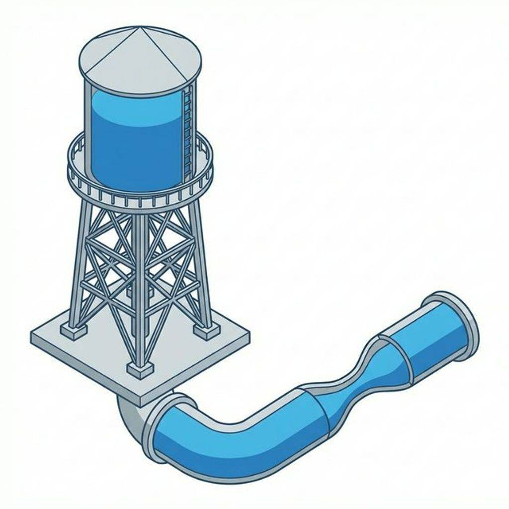 3D isometric diagram of the water tower analogy for electronics