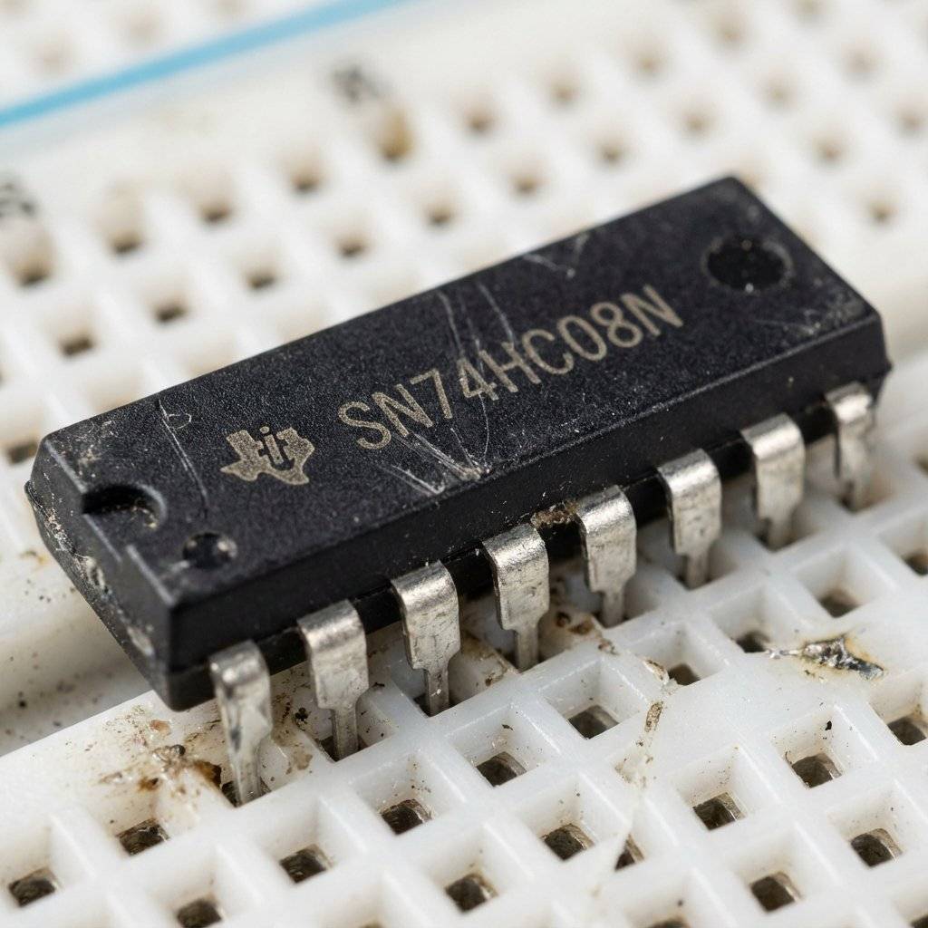 A realistic macro render of a black DIP-14 integrated circuit chip labeled SN74HC08N