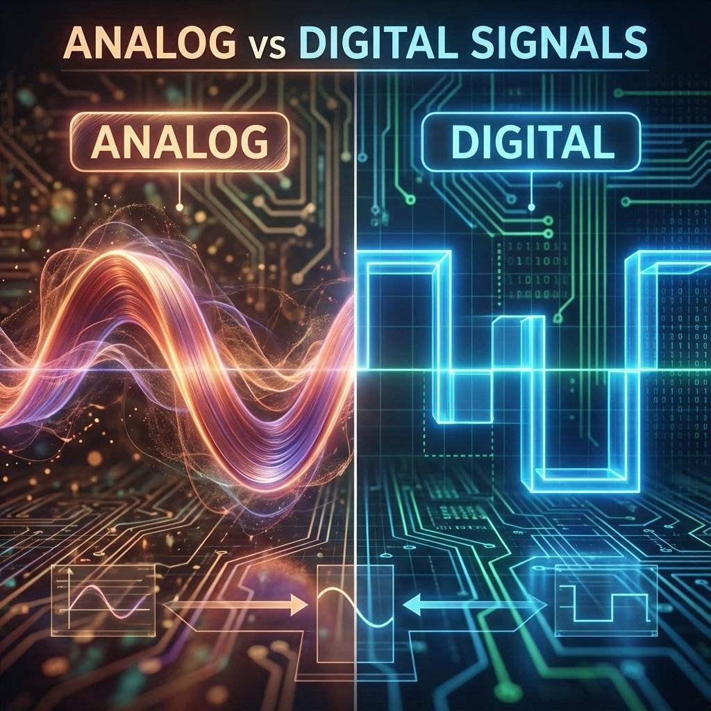 A high-quality 3D render comparing analog vs digital signals