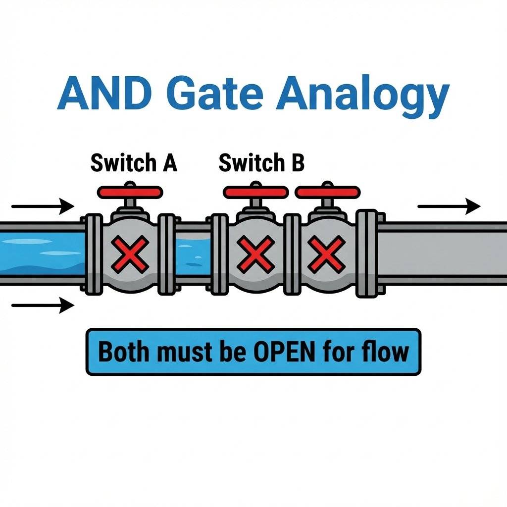 A clear, educational 2D vector illustration of a water pipe system with two valves in series labeled Switch A and Switch B