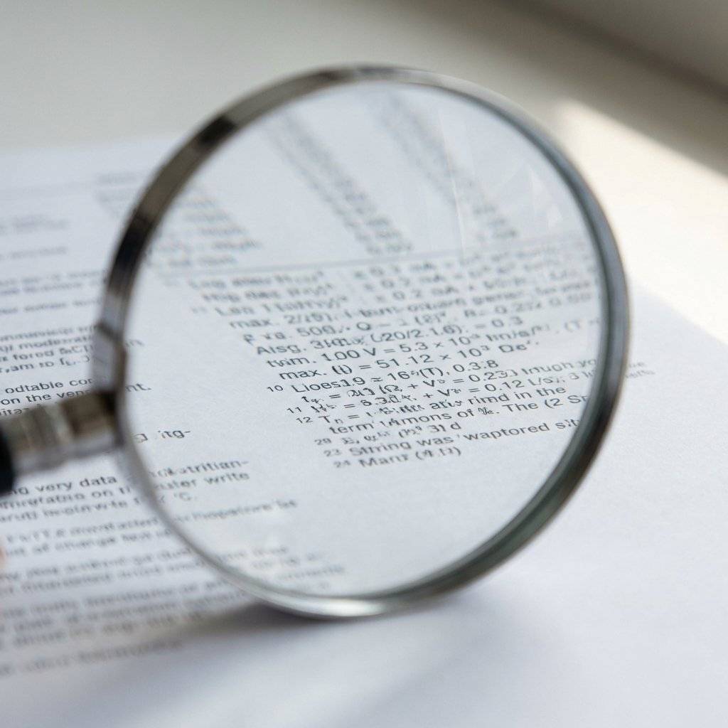 A high-quality macro shot of a magnifying glass hovering over dense, technical datasheet text