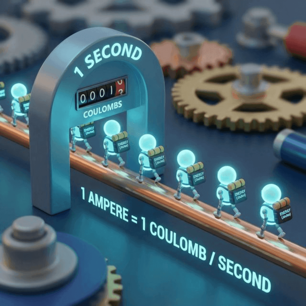 Illustration of electrons carrying 'backpacks' of charge packets