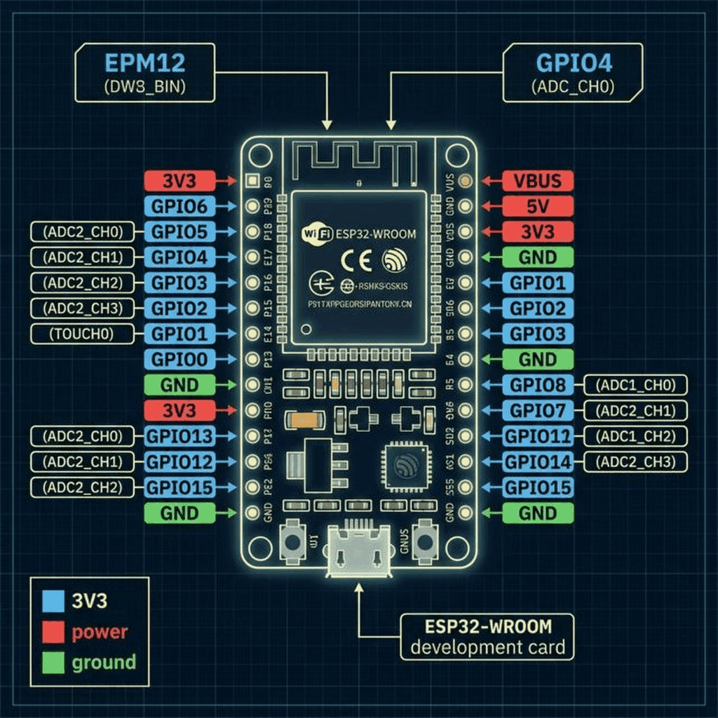 Stylized pinout diagram of an ESP32-WROOM development board highlighting GPIO pins