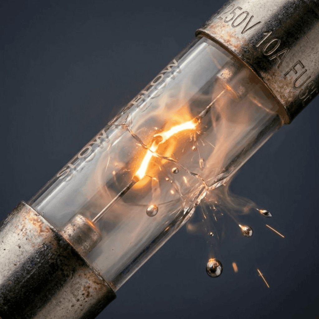 Internal macro view of a fuse wire melting under high current