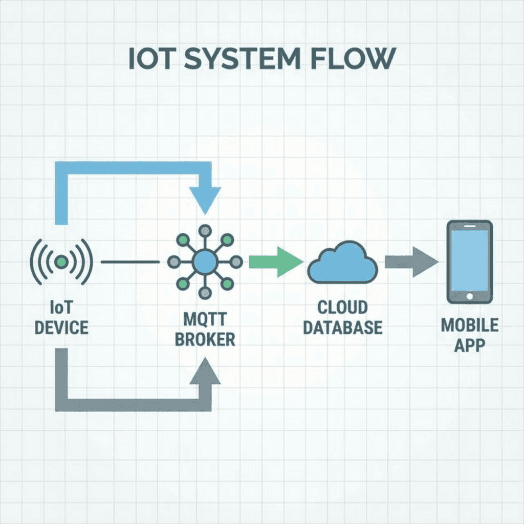 Architectural diagram showing the full IoT system flow from device to broker to cloud database and mobile app