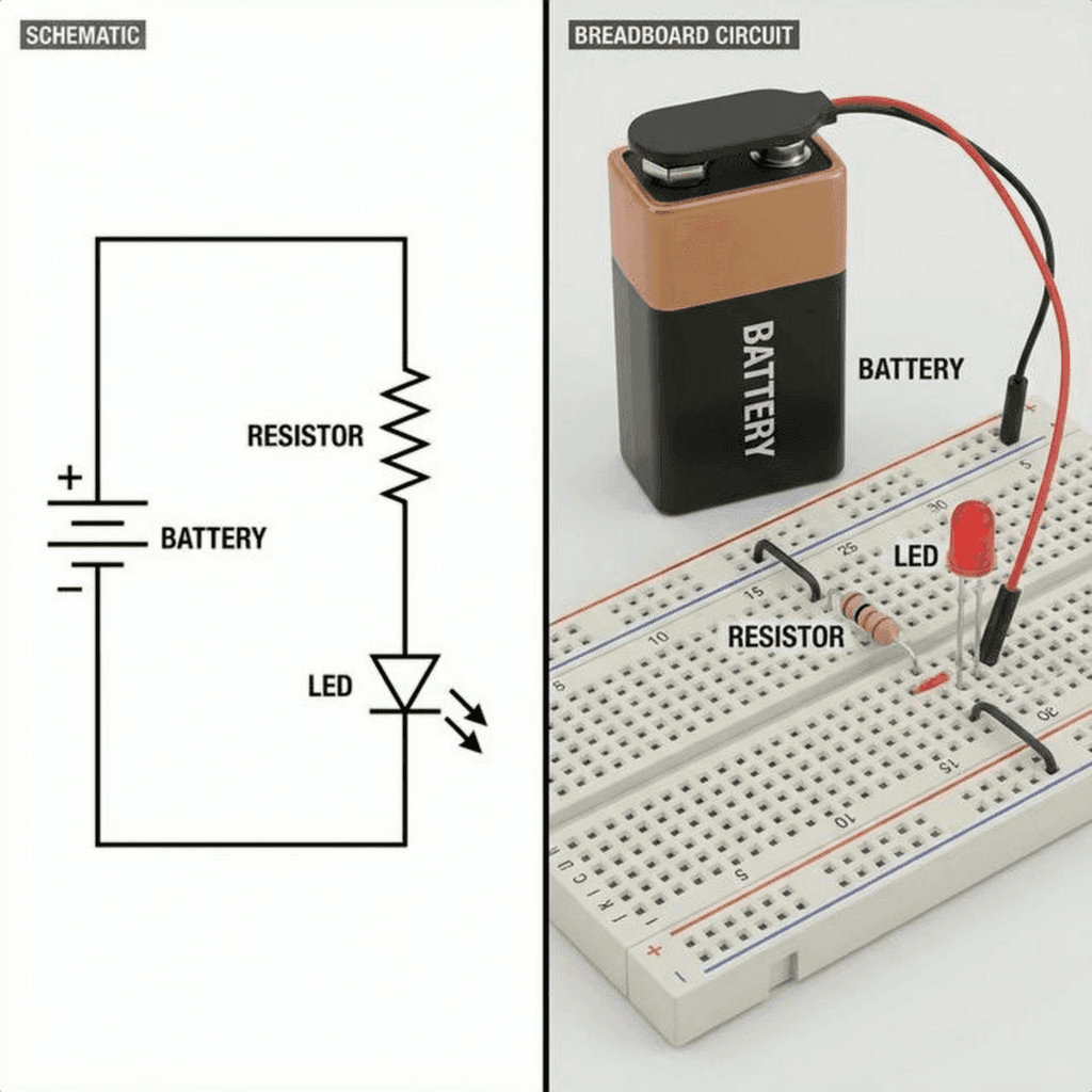 Schematic vs Real view of a basic LED circuit showing the loop