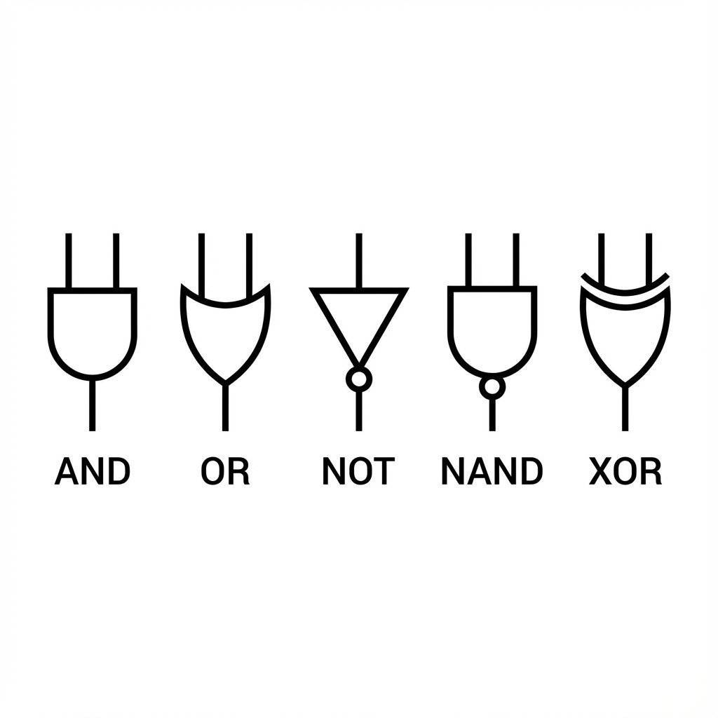 A minimalistic educational chart showing the standard schematic symbols for AND, OR, NOT, NAND, XOR gates