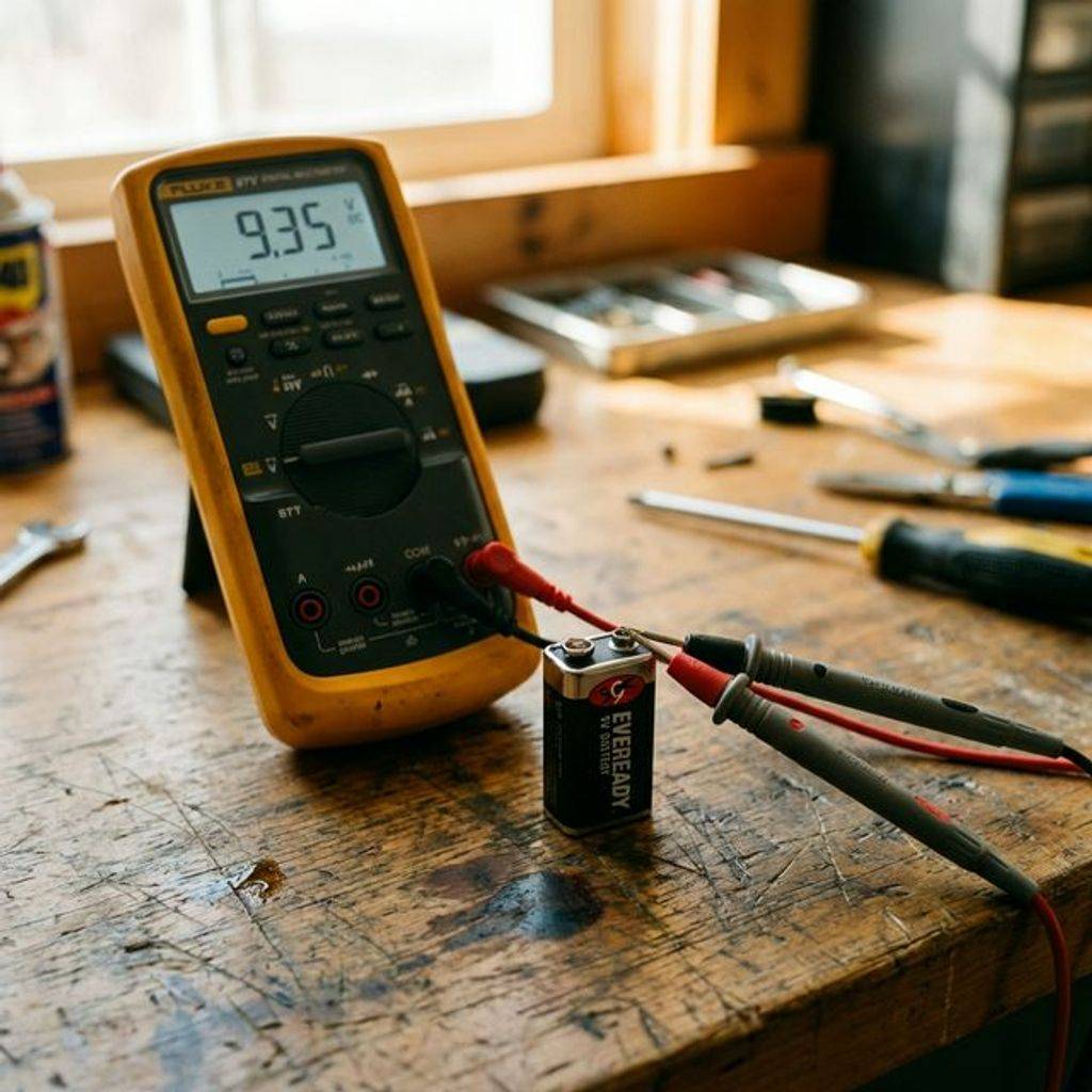 Close-up of a multimeter measuring a 9V battery