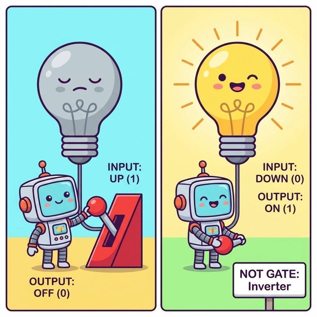 A fun, flat illustration of a cute robot or character flipping a large lever switch adjacent to a lightbulb