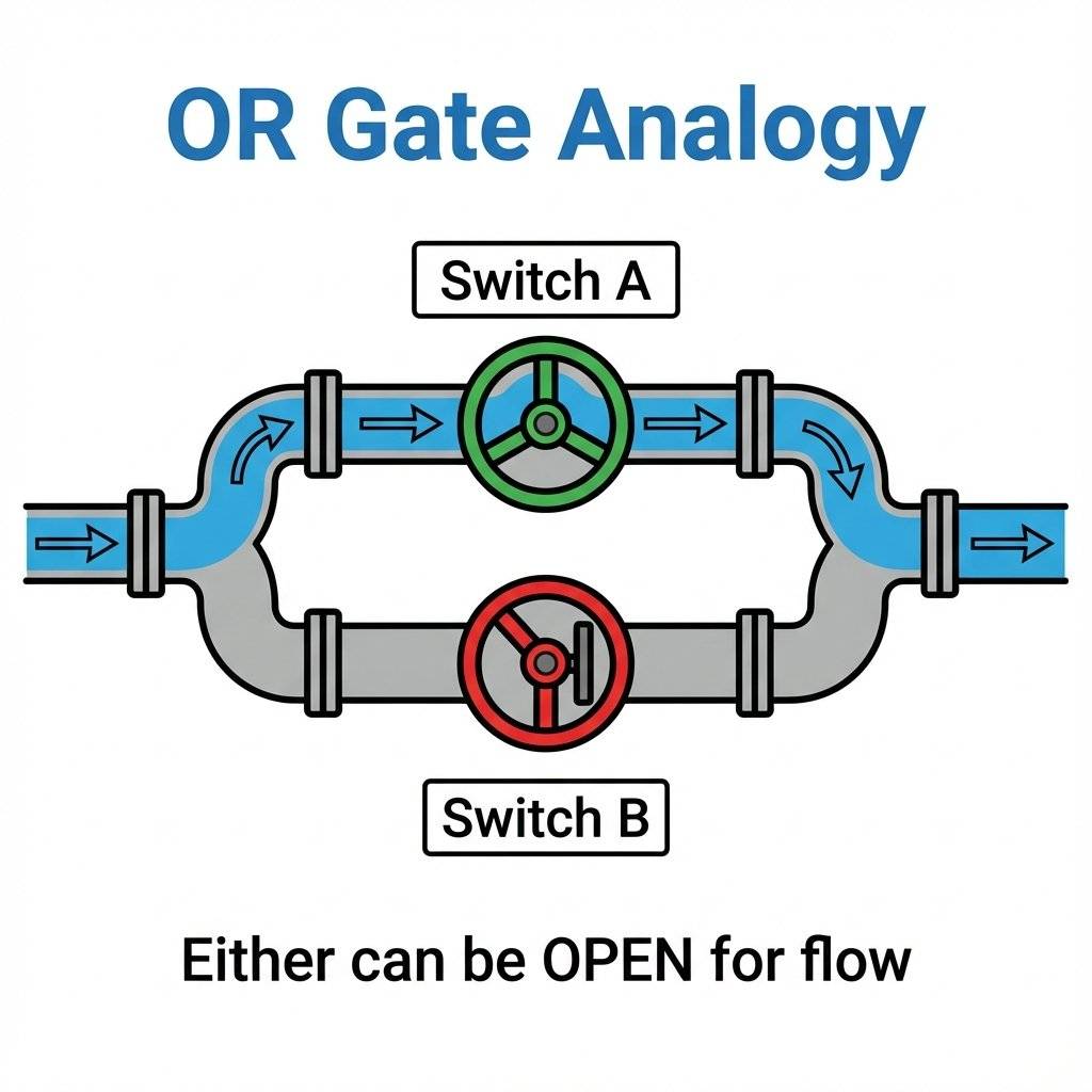 A clear, educational 2D vector illustration of a water pipe system splitting and reconnecting in parallel