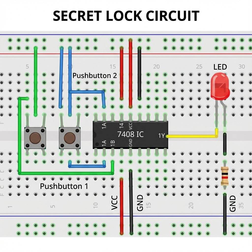 A clear, colorful breadboard wiring diagram for a Secret Lock circuit