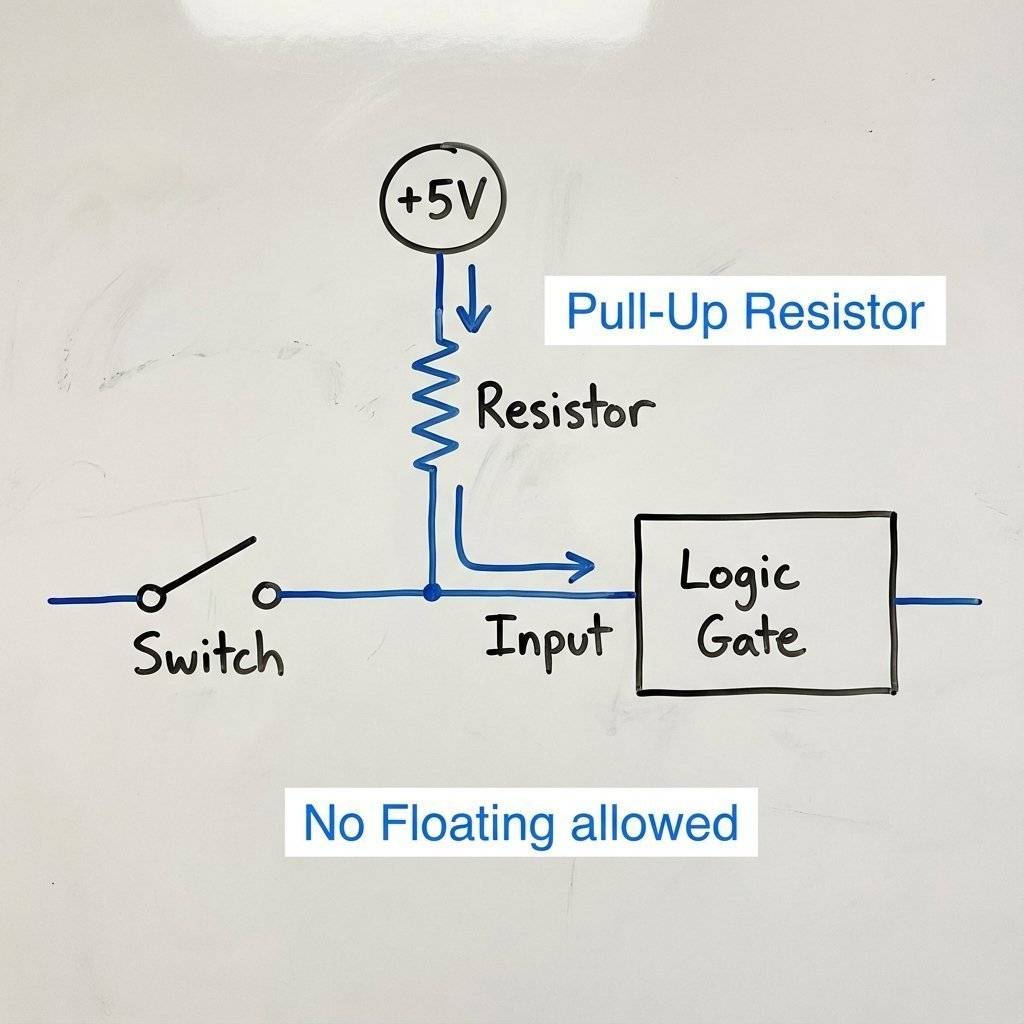 A clear, schematic-style educational diagram showing a Switch connected to a Logic Gate Input with a Resistor