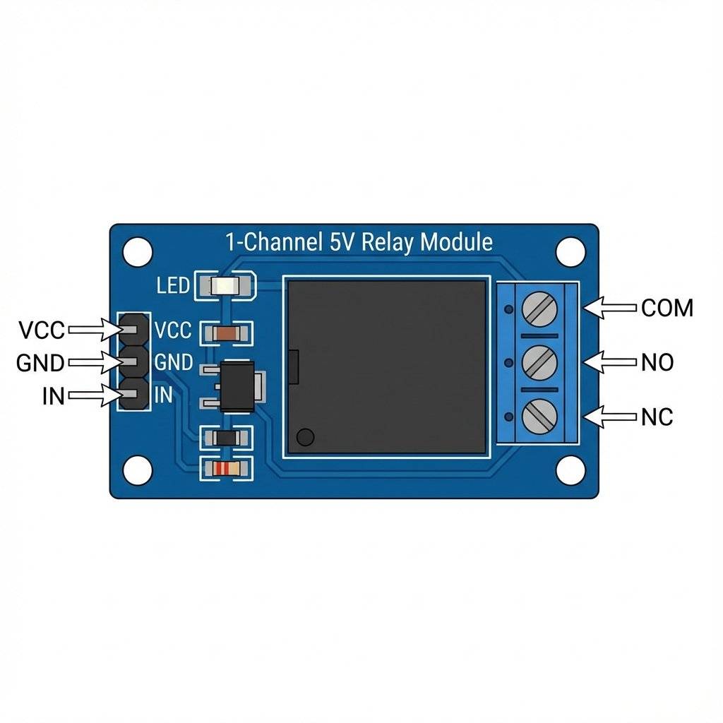 Relay Module Pinout: NO, NC, COM, IN
