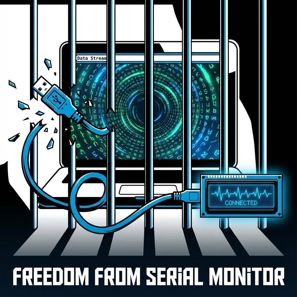 Serial Monitor Jail: Conceptual Art showing data trapped in a laptop