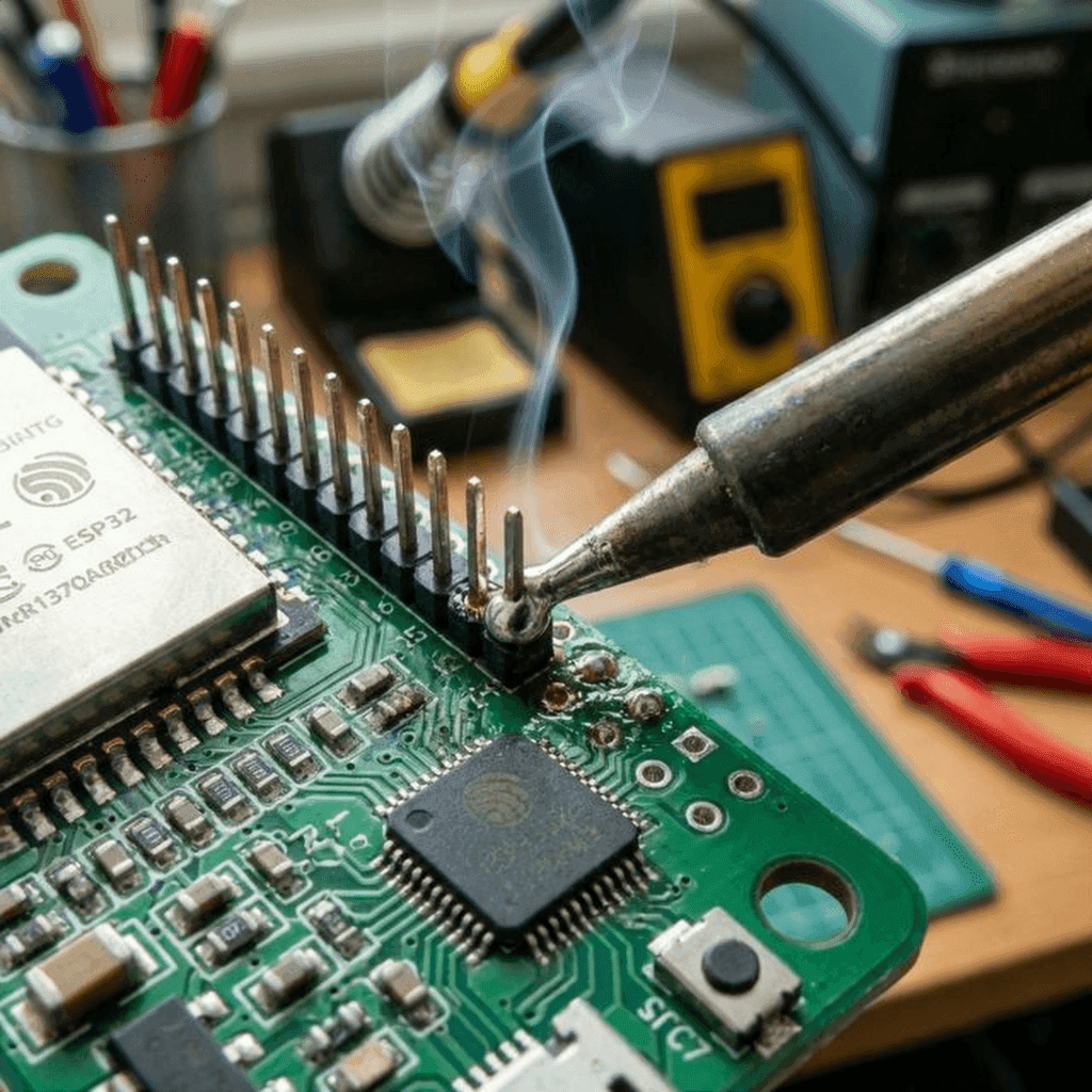 Extreme close-up of soldering pin headers onto an ESP32 board