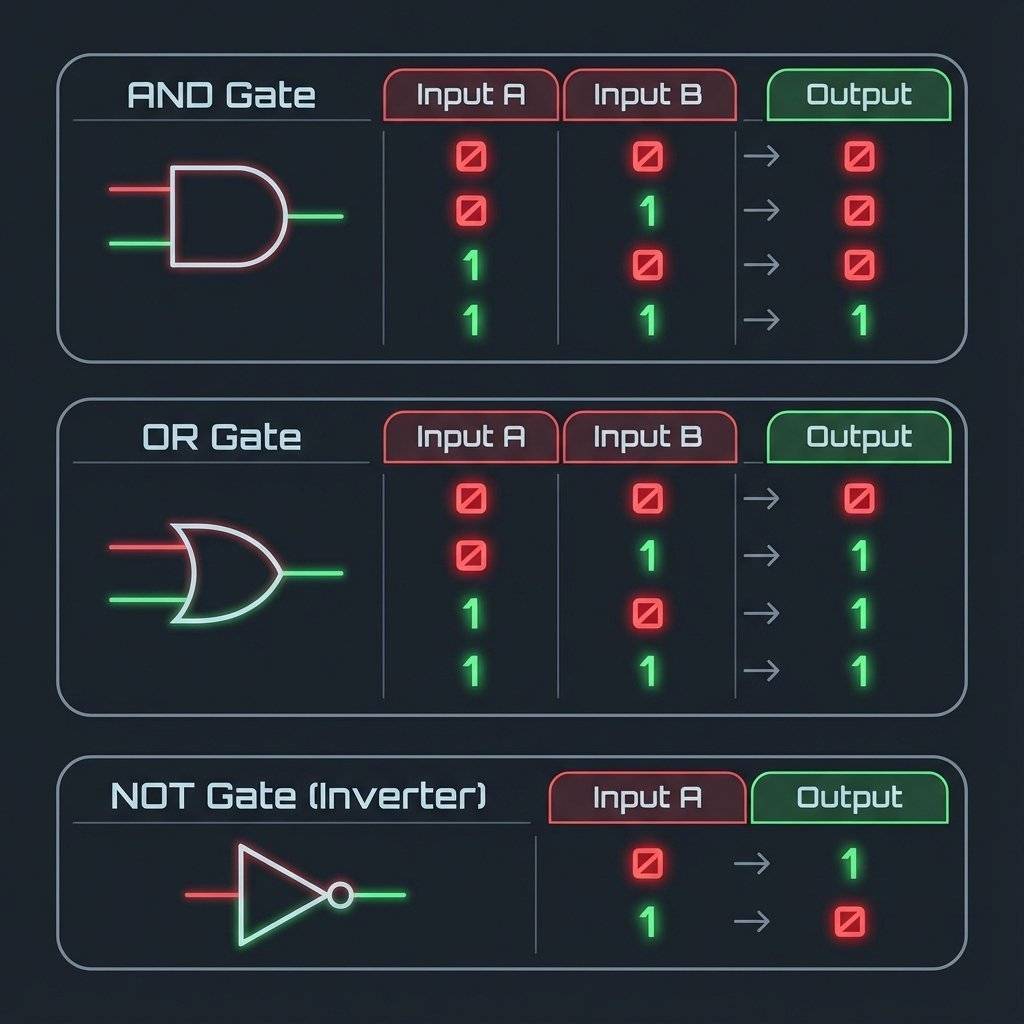 A stylish, easy-to-read graphic of truth tables for AND, OR, NOT gates
