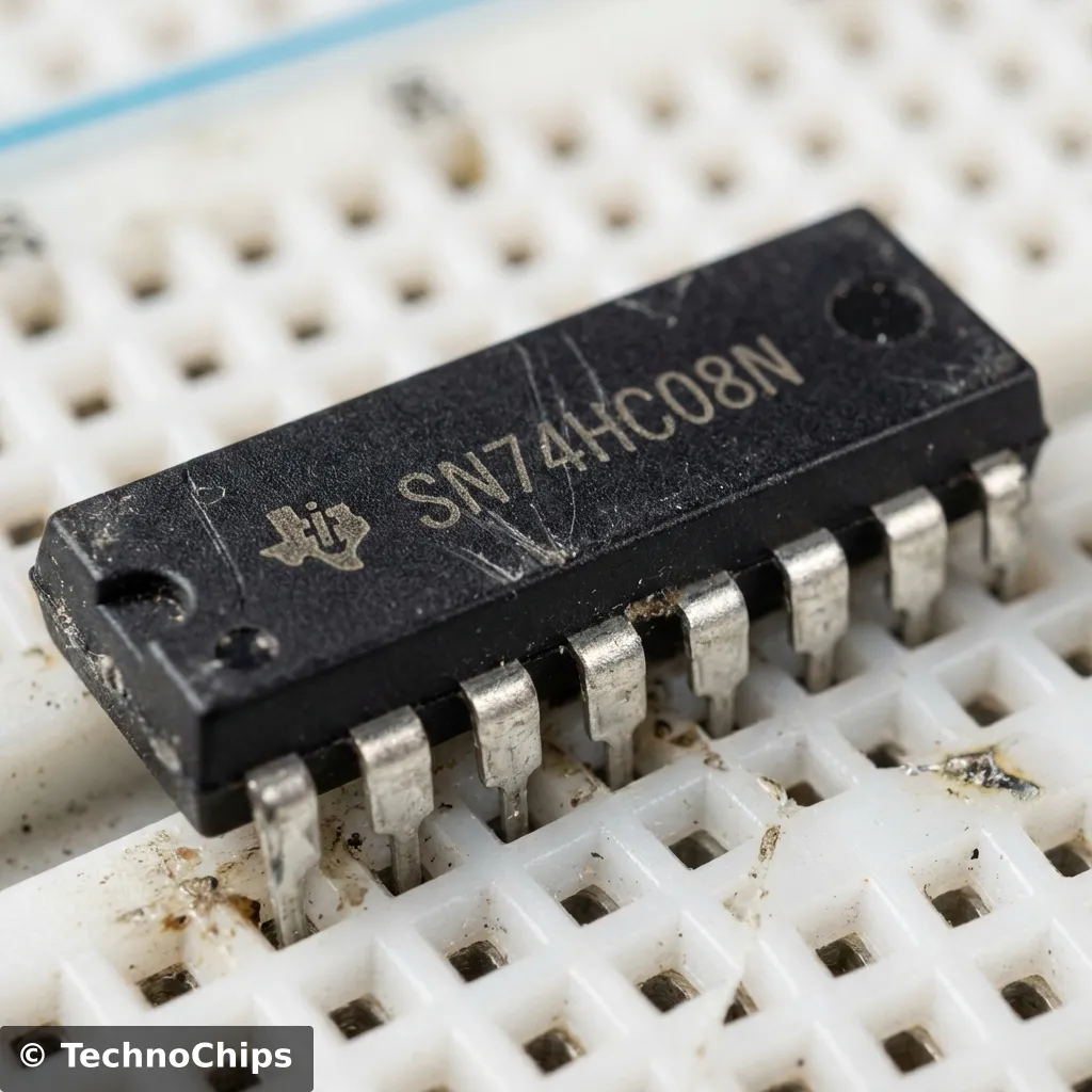 A realistic macro render of a black DIP-14 integrated circuit chip labeled SN74HC08N