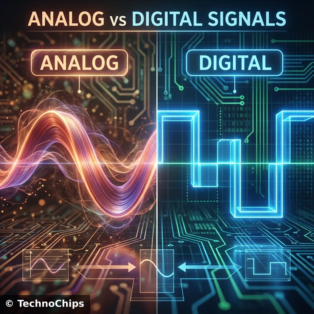 A high-quality 3D render comparing analog vs digital signals