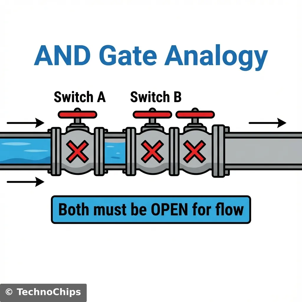 A clear, educational 2D vector illustration of a water pipe system with two valves in series labeled Switch A and Switch B