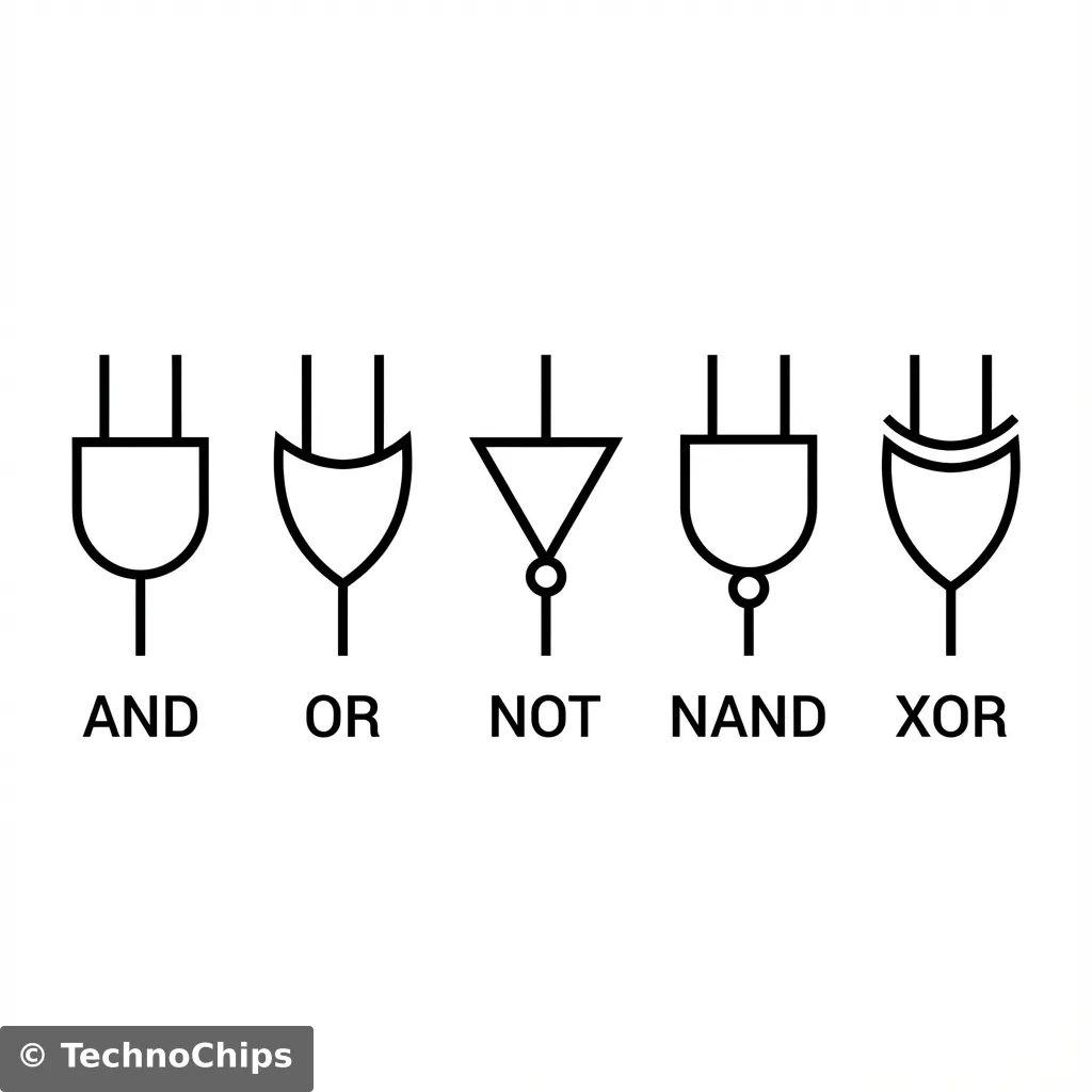 A minimalistic educational chart showing the standard schematic symbols for AND, OR, NOT, NAND, XOR gates
