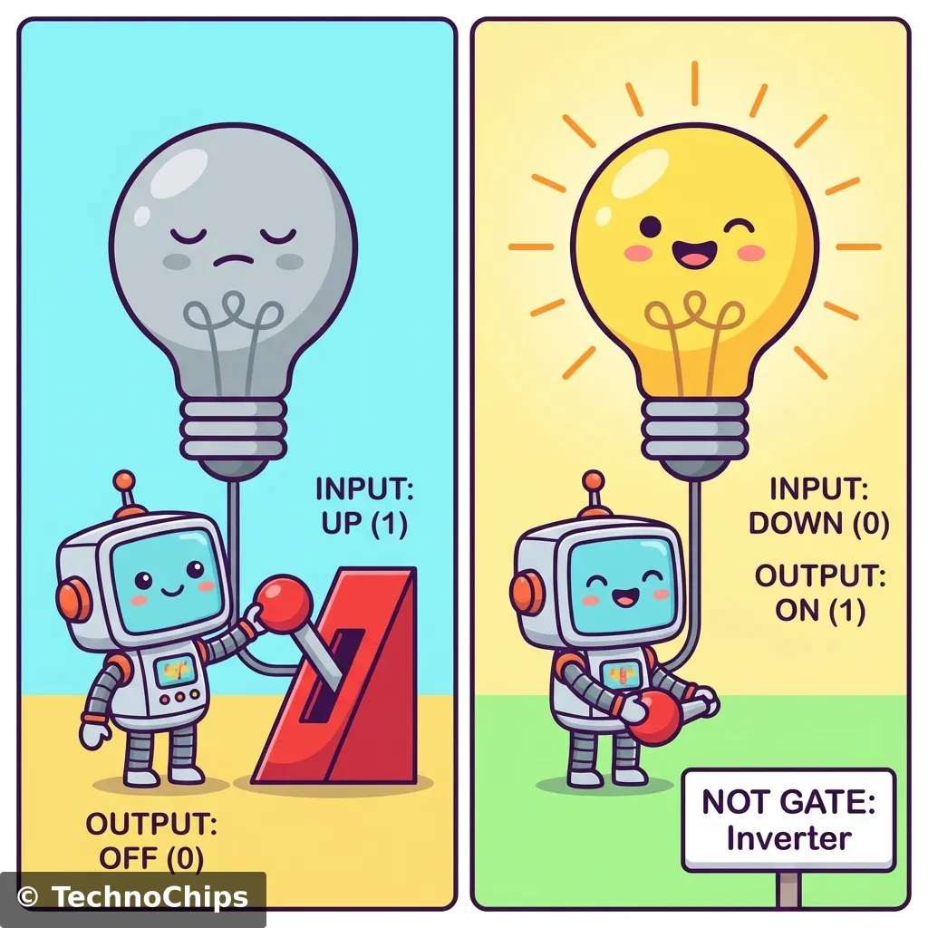 A fun, flat illustration of a cute robot or character flipping a large lever switch adjacent to a lightbulb