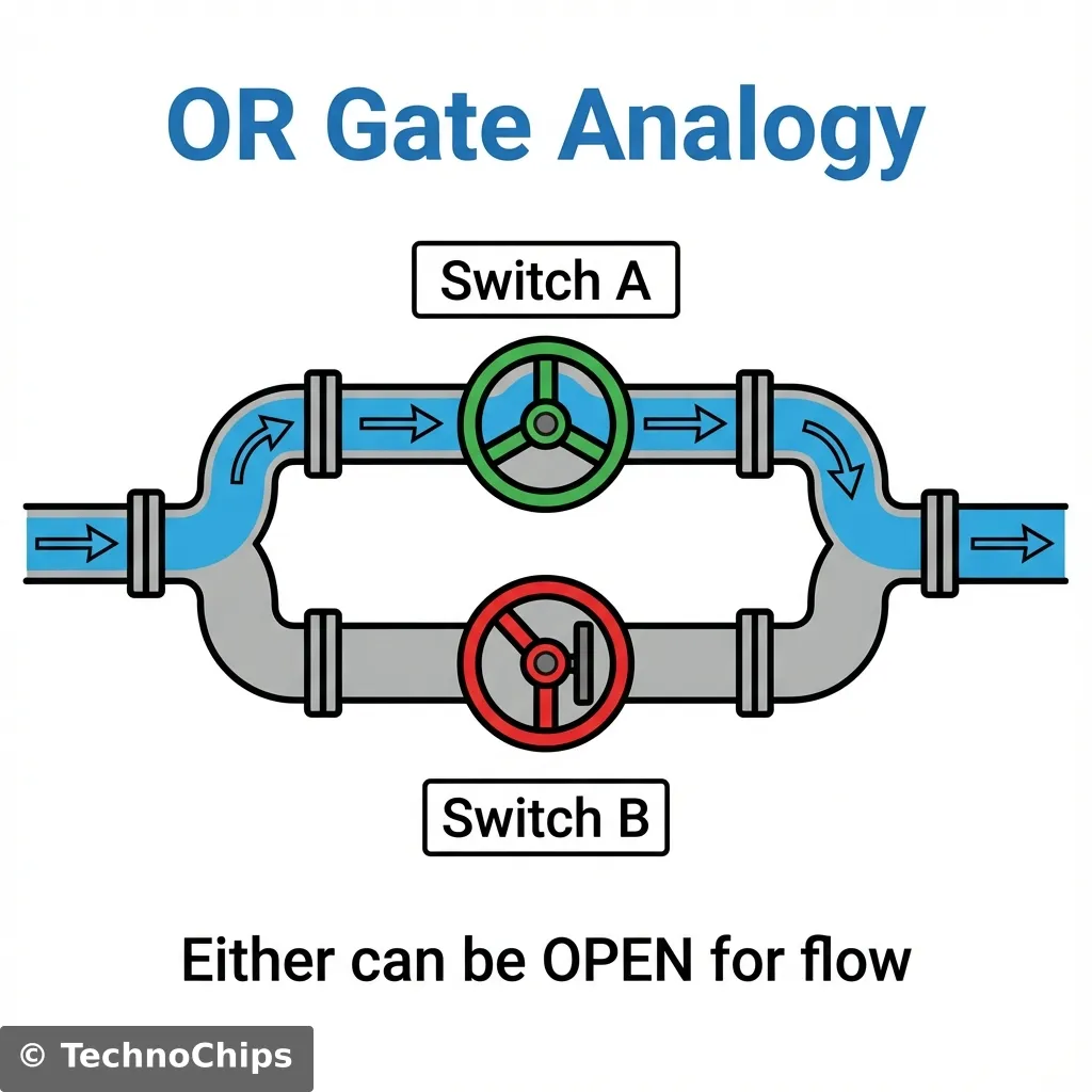 A clear, educational 2D vector illustration of a water pipe system splitting and reconnecting in parallel