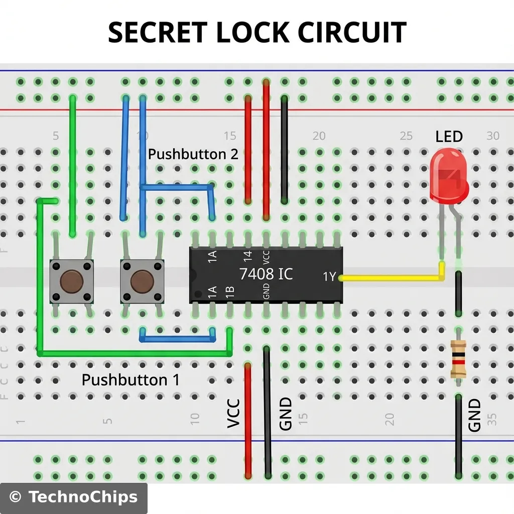 A clear, colorful breadboard wiring diagram for a Secret Lock circuit