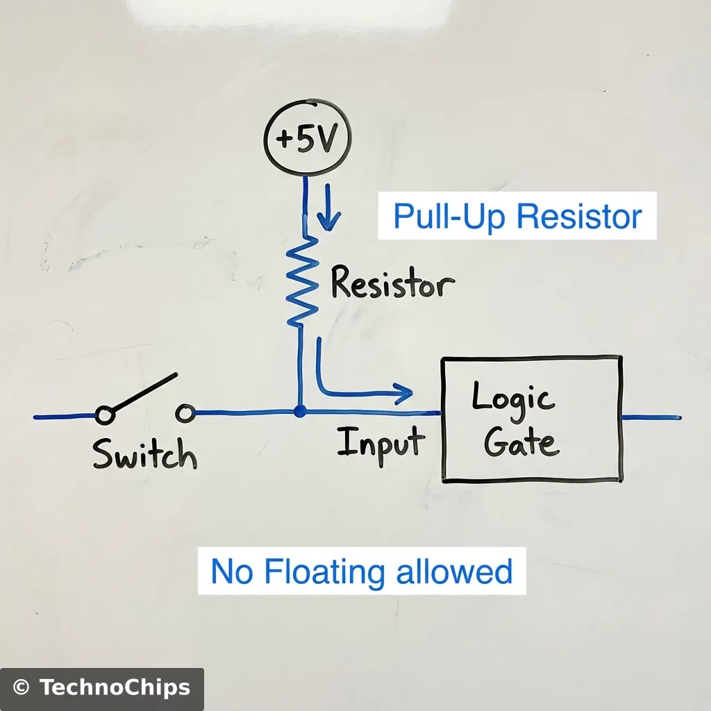 A clear, schematic-style educational diagram showing a Switch connected to a Logic Gate Input with a Resistor