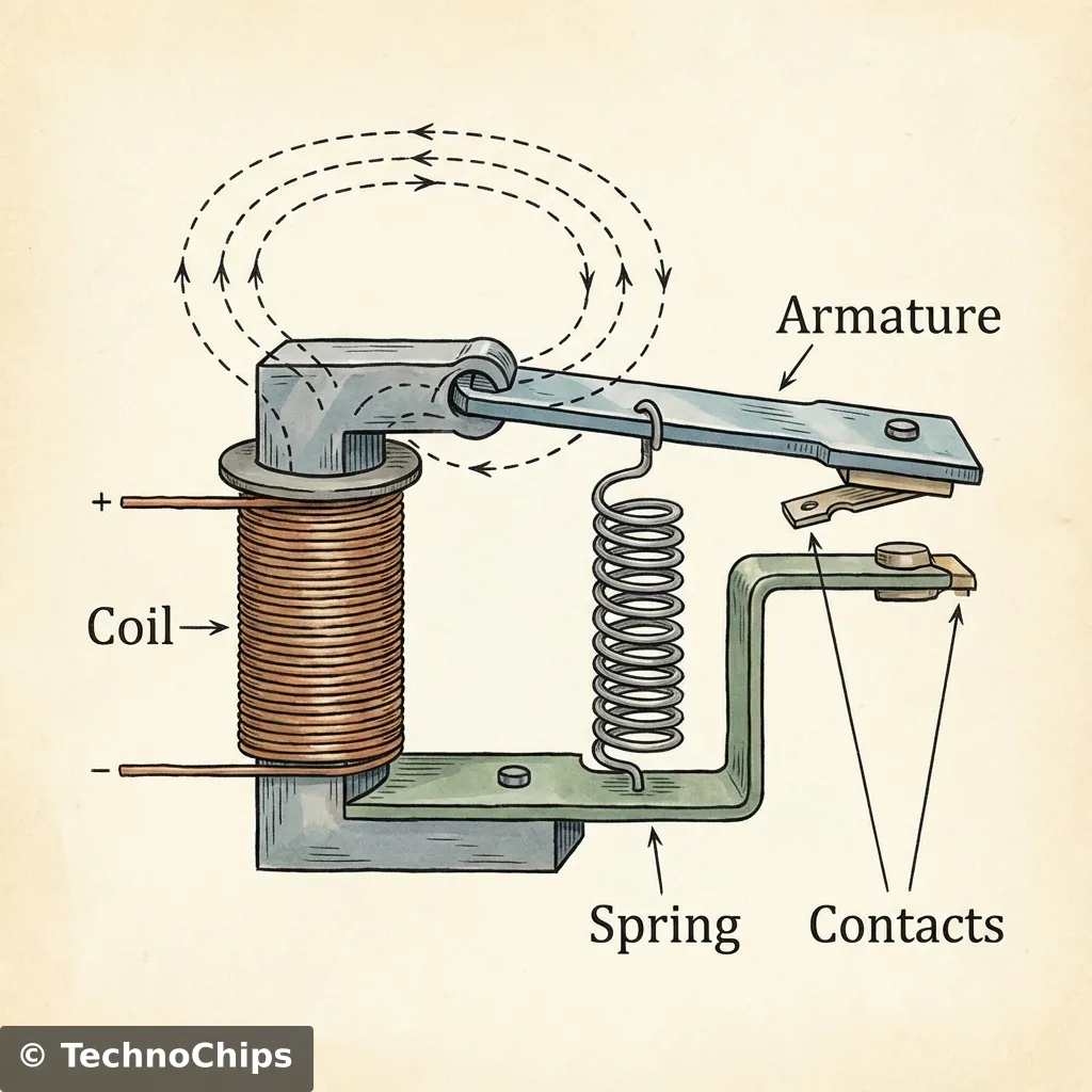Relay Internal Diagram: Coil, Magnet, Spring