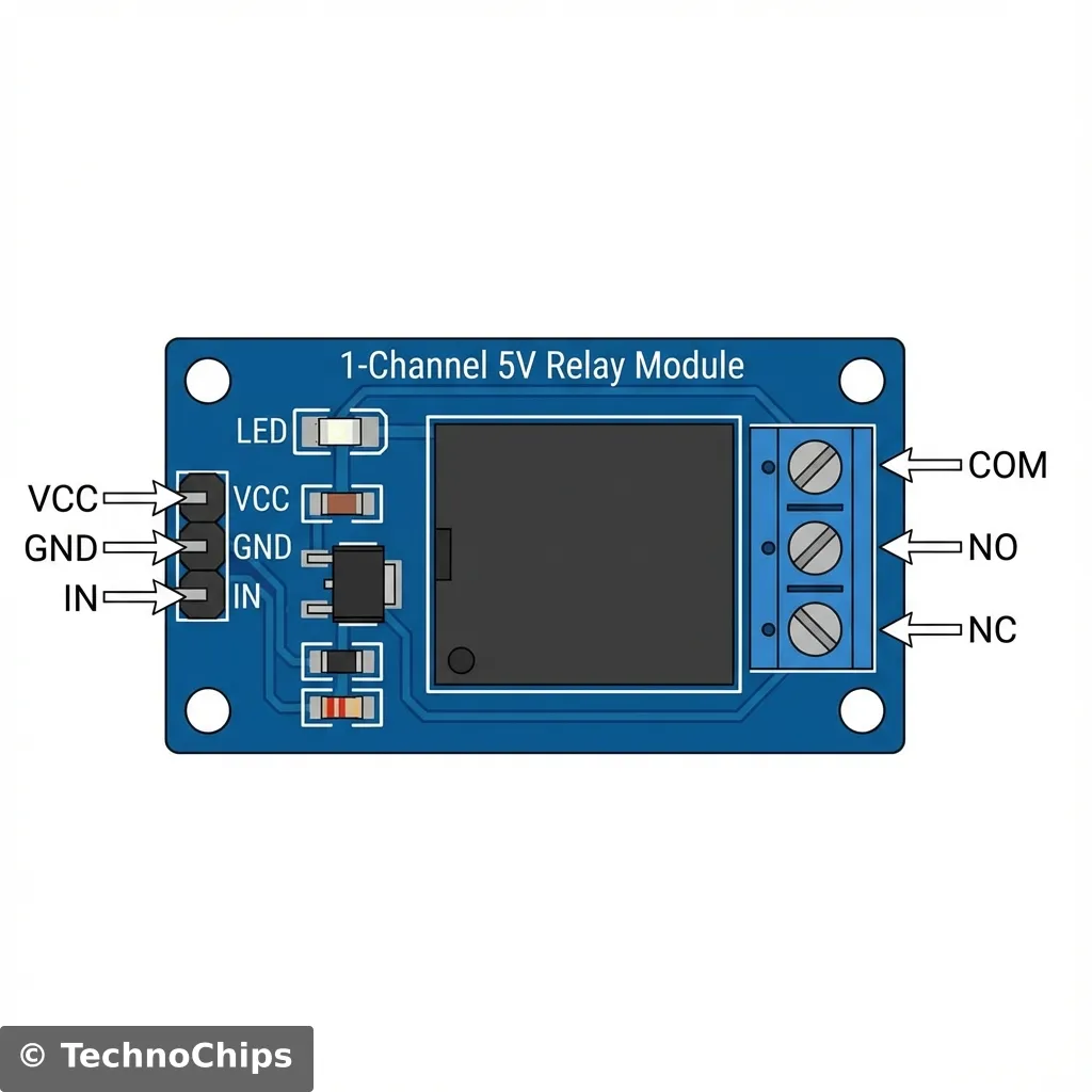 Relay Module Pinout: NO, NC, COM, IN