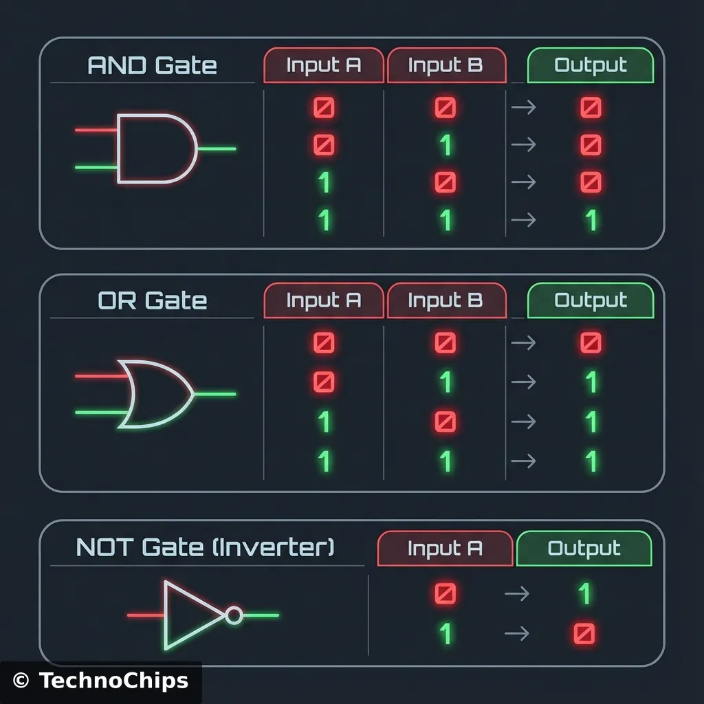 A stylish, easy-to-read graphic of truth tables for AND, OR, NOT gates